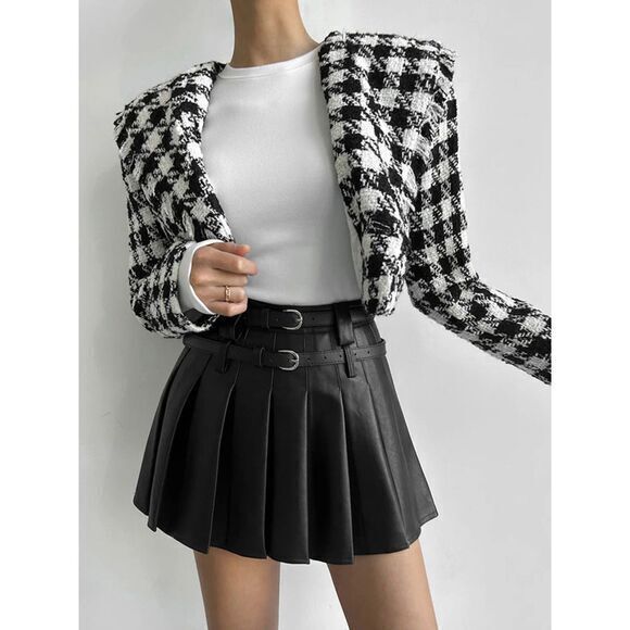 Commense Pleated Mini Skirt With Double Buckle Belt Preppy School Girl Style M